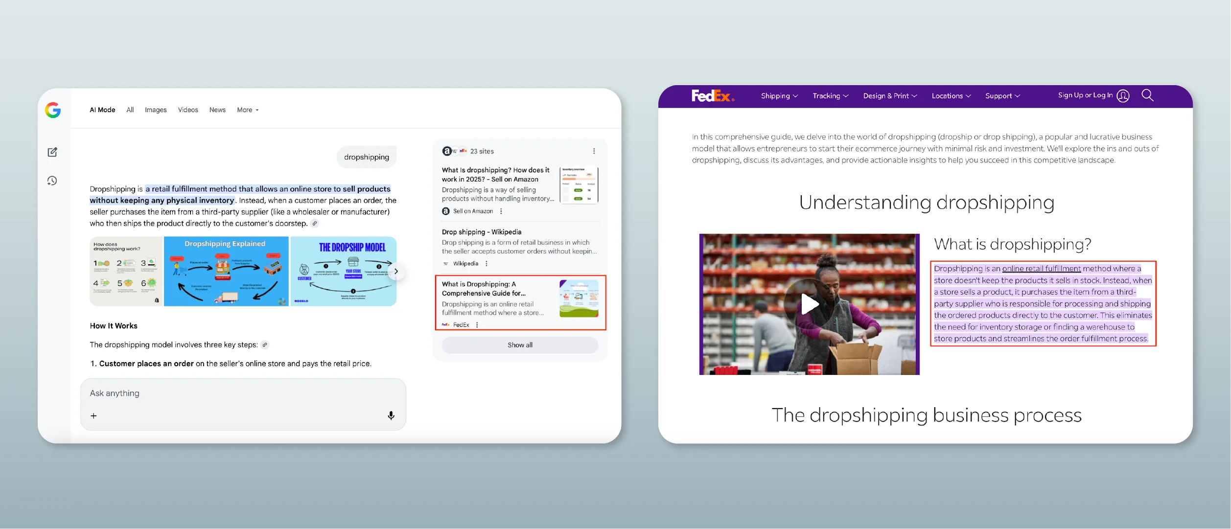 Collage des résultats du mode IA de Google et extrait mis en avant de la source citée FedEx.