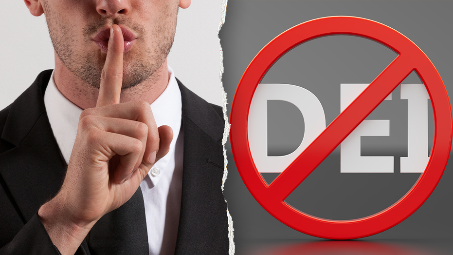 une image d'homme en costume se taisant avec un doigt sur la bouche à gauche et l'acronyme DEI barré à droite