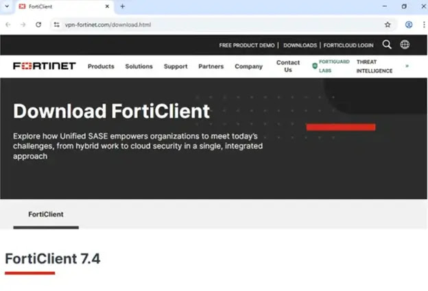 Capture d'écran du site contrôlé par l'acteur vpn-fortinet[.]com se faisant passer pour Fortinet (Source : Microsoft)